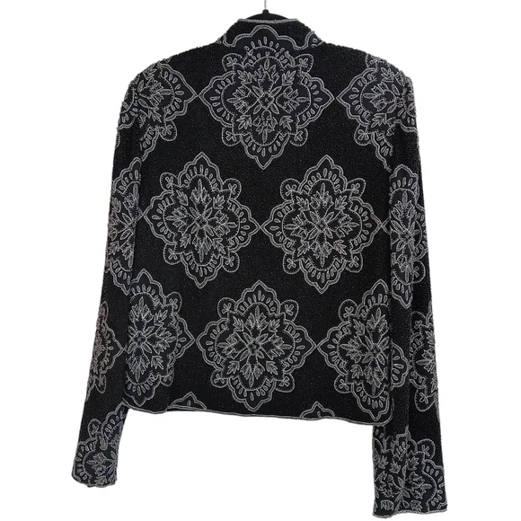 ADRIANNA PAPELL Vintage Beaded Dress-up Jacket Womens Size L Black Silk - Picture 2 of 4